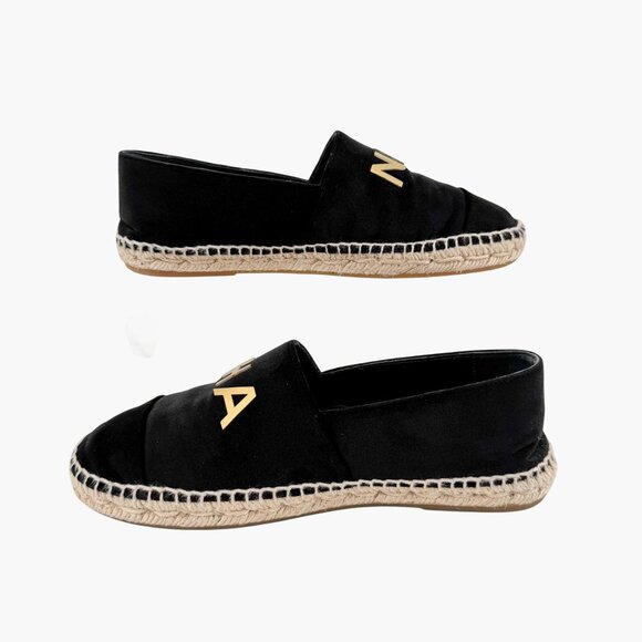 Chanel Logo Espadrilles EU 37 US 6-6.5 Black Velvet Rope Sole Slip On Flat Shoe - Picture 10 of 14
